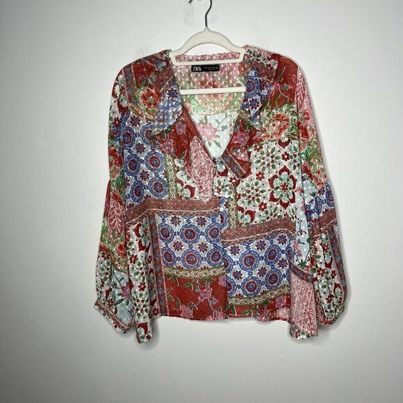 Zara Top Womens XL Patchwork Floral V Neck Ruffle Boho Swiss Dot Chiffon Blouse - Picture 10 of 16